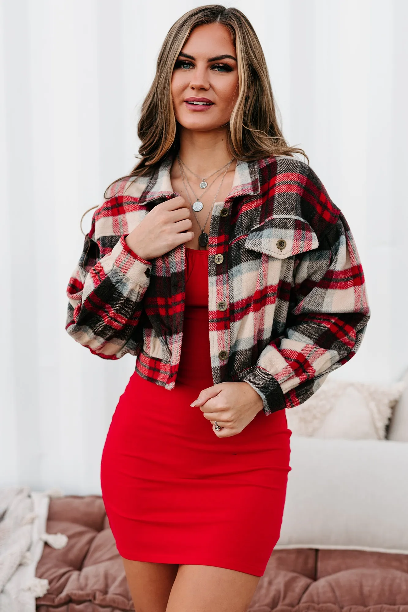 Central Park Scene Cropped Plaid Jacket (Red)