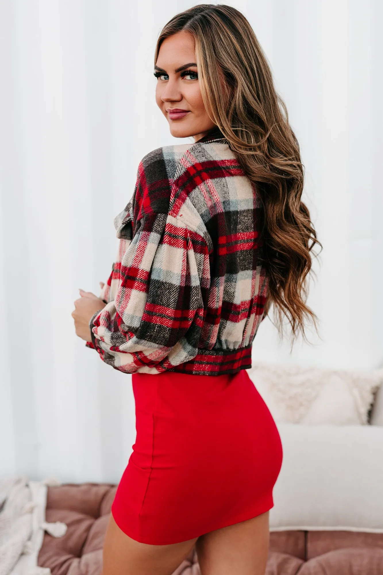 Central Park Scene Cropped Plaid Jacket (Red)