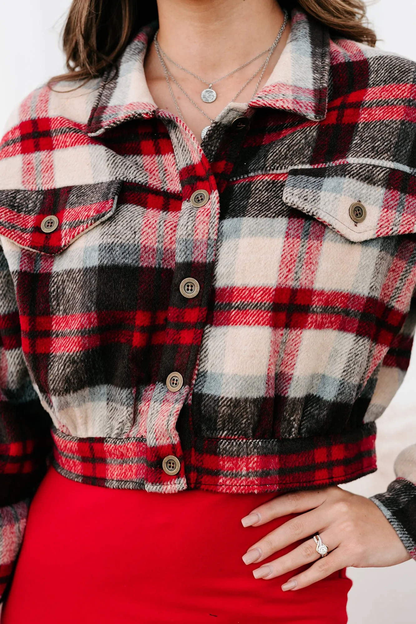 Central Park Scene Cropped Plaid Jacket (Red)