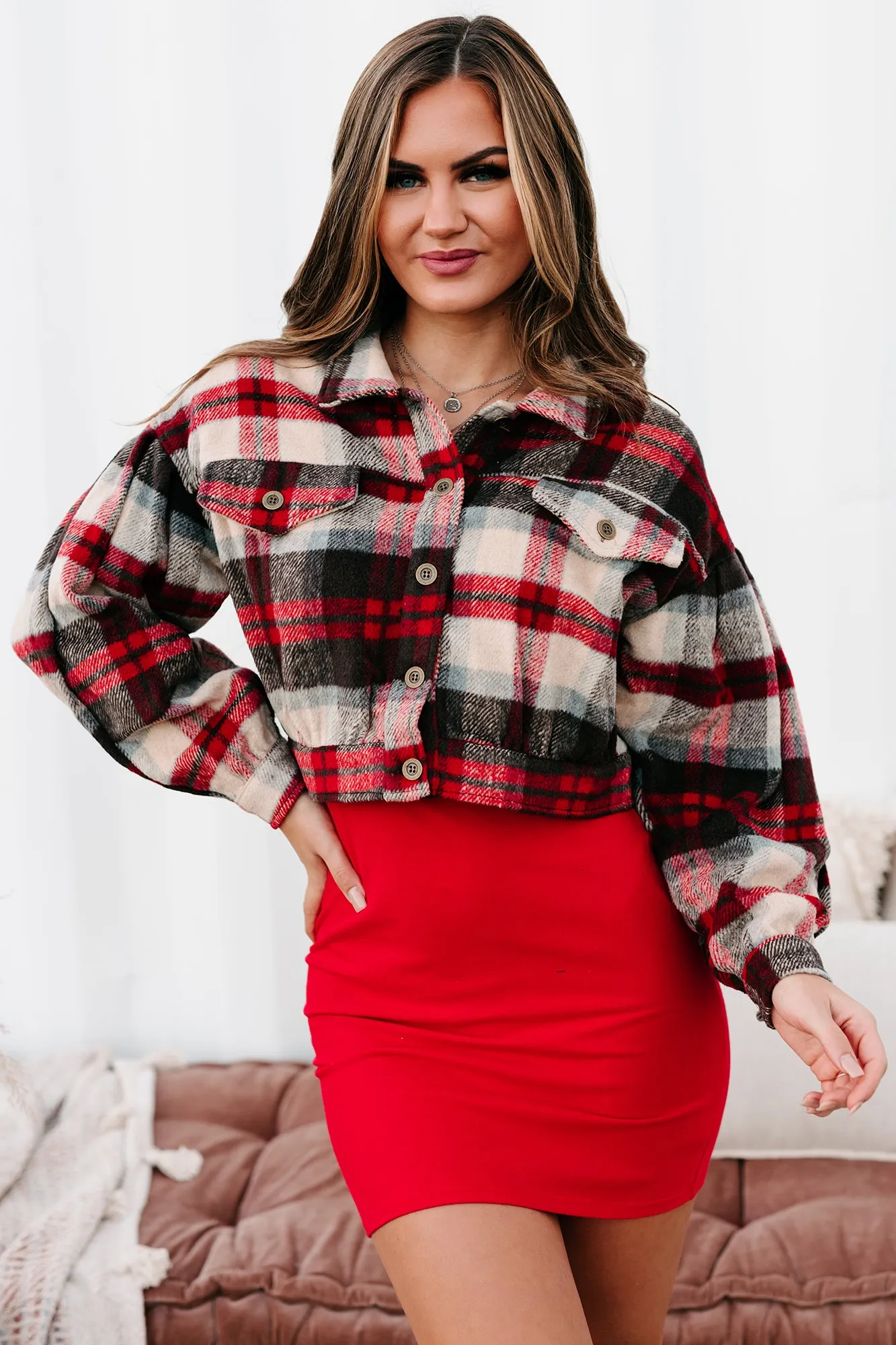 Central Park Scene Cropped Plaid Jacket (Red)