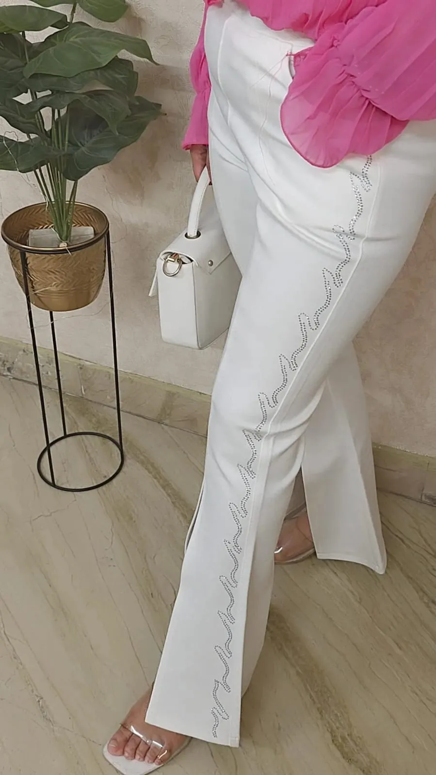 Flared pant with front cut wave pattern side work - White