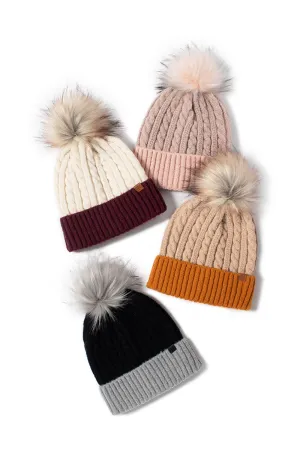 FSBB836 - Cable knit contrast cuff beanie with faux fur pom