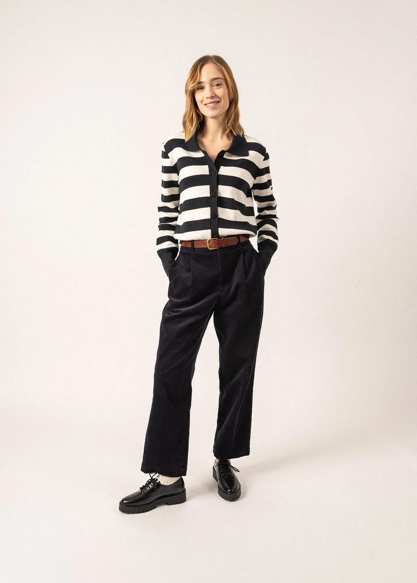 Galway Striped Cardigan - in cotton and cashmere (NAVY/ECUME)