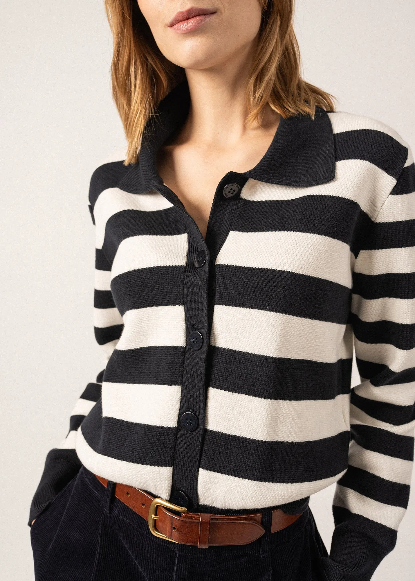 Galway Striped Cardigan - in cotton and cashmere (NAVY/ECUME)