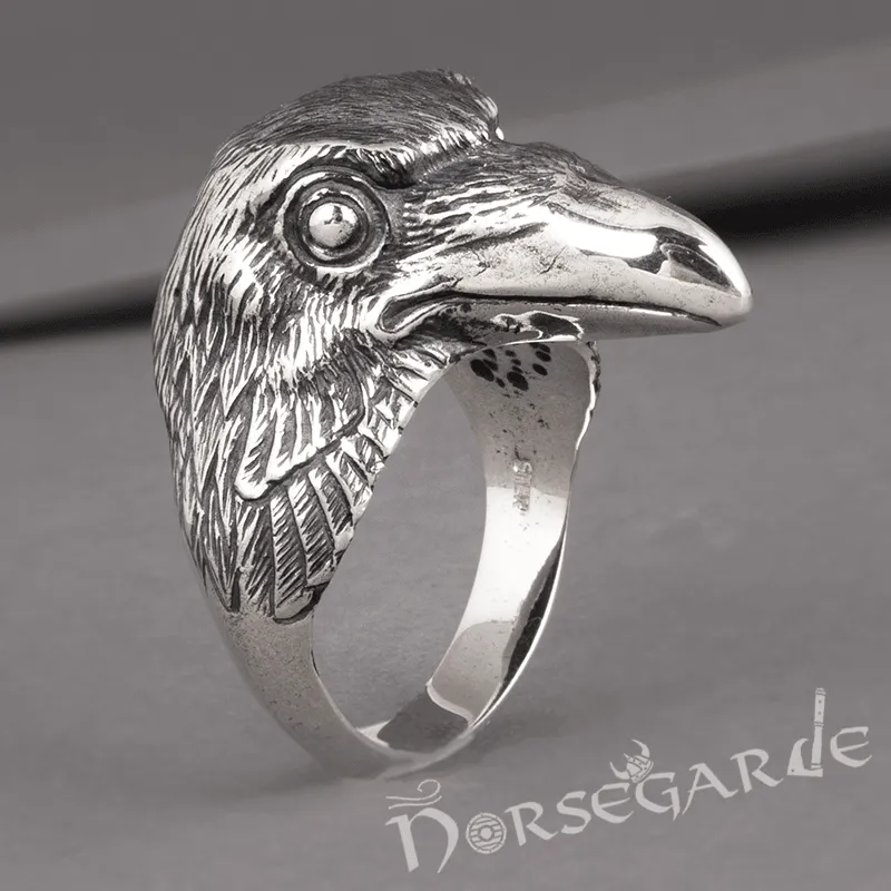 Handcrafted Raven Head Ring - Sterling Silver