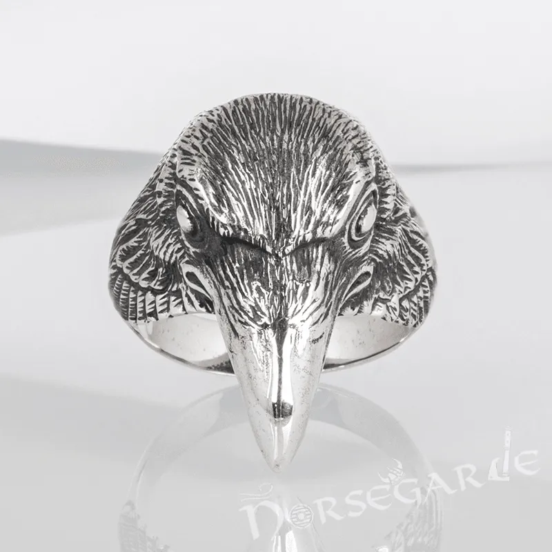 Handcrafted Raven Head Ring - Sterling Silver