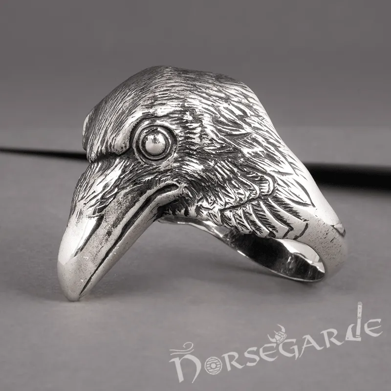 Handcrafted Raven Head Ring - Sterling Silver