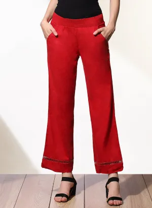 Haya Salmon Red Cotton Linen Classic Fit Pants for Women