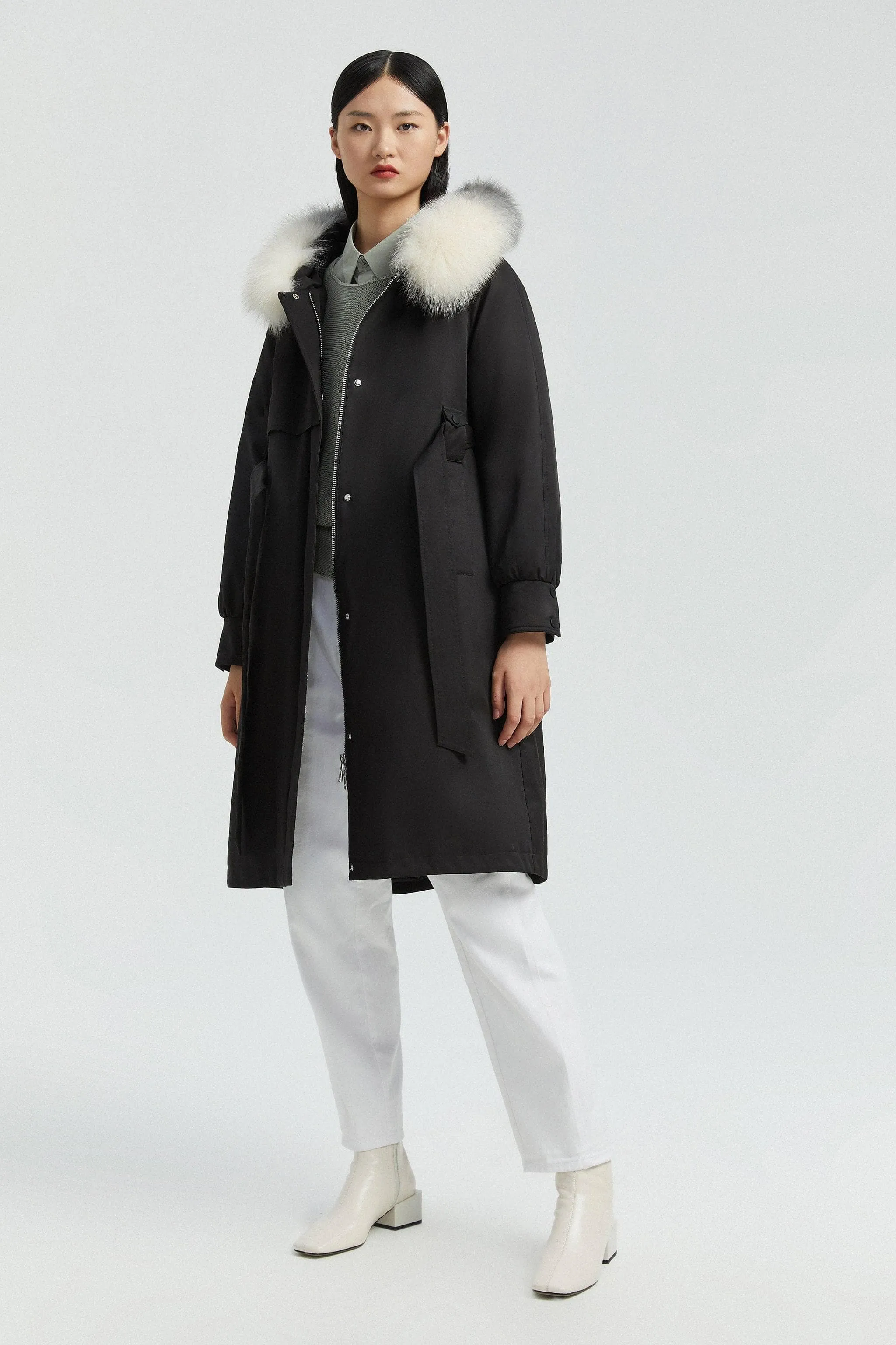 Hooded Trench Coat with Fur Trim