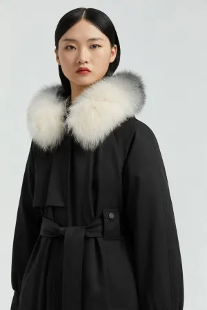 Hooded Trench Coat with Fur Trim