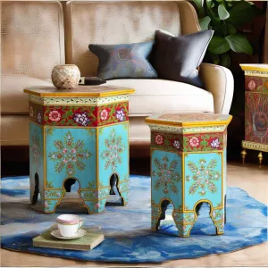 Jaipur Style Hand Painted Nested Side Coffee Table | Wooden Flower Rajasthani Bedside