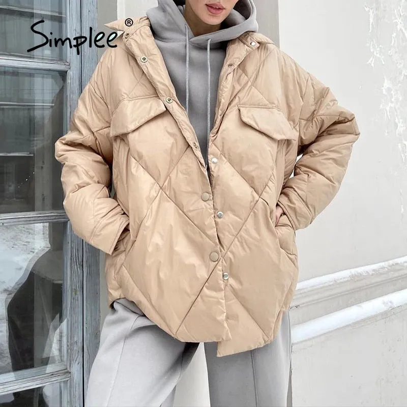 Joskaa Elegant pattern button pocket women short coat winter Office lady long sleeves lapel loose parkas Female solid warm coat