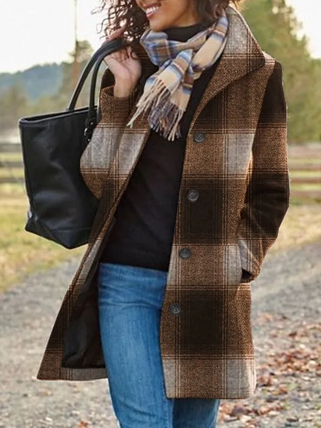 Joskaa Women's Winter Coat Overcoat Plaid Maillard Long Coat Single Breasted Lapel Trench Coat with Pockets Windproof Thermal Warm Heated Jacket Oversiezd Street Outerwear Long Sleeve Fall Brown Green