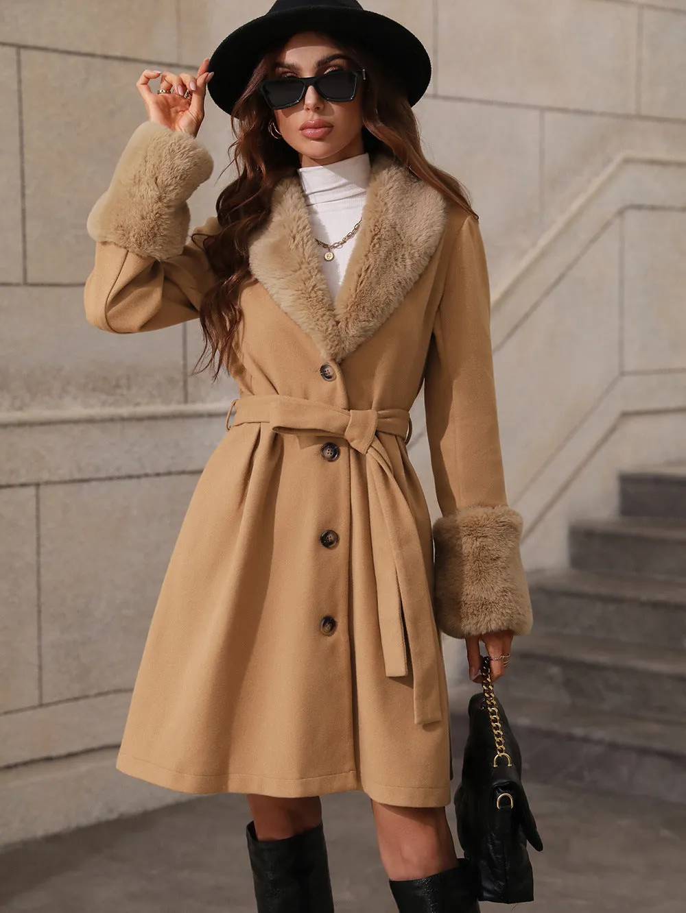 Lace-up Lapeled Tweed Trench Coat