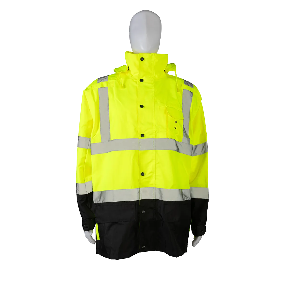 LBPJLW-C3 ANSI Class 3 High-Vis Lime / Black Bottom Waterproof Light Weight Parka Jacket / Trench Coat