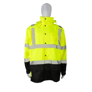 LBPJLW-C3 ANSI Class 3 High-Vis Lime / Black Bottom Waterproof Light Weight Parka Jacket / Trench Coat