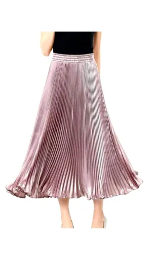 Luexco Satin Skirt Long Metallic Chiffon Pleated High Waist