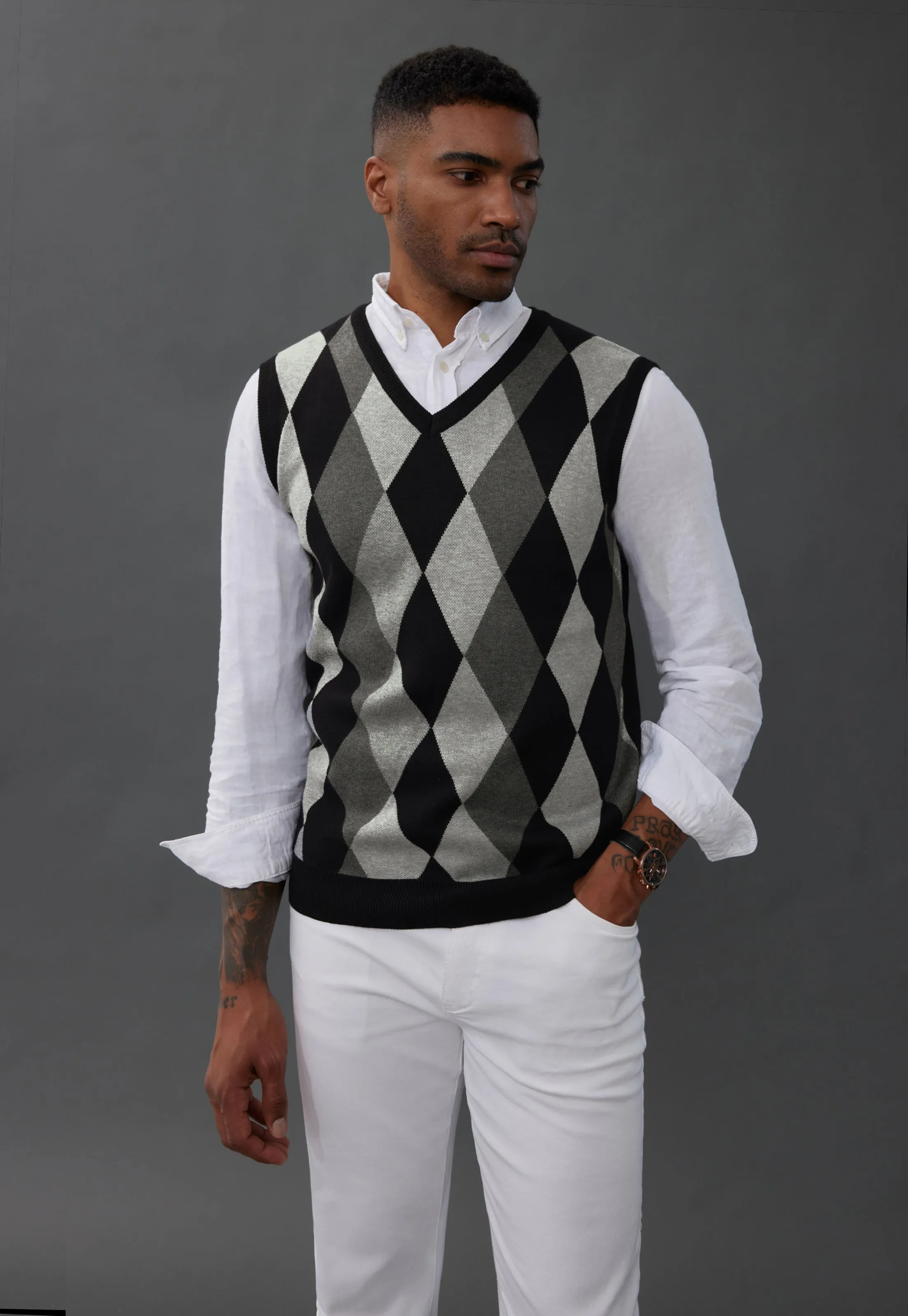 Men Stylish Sleeveless V-Neck Contrast Color Pullover Knitting Vest Knitwear