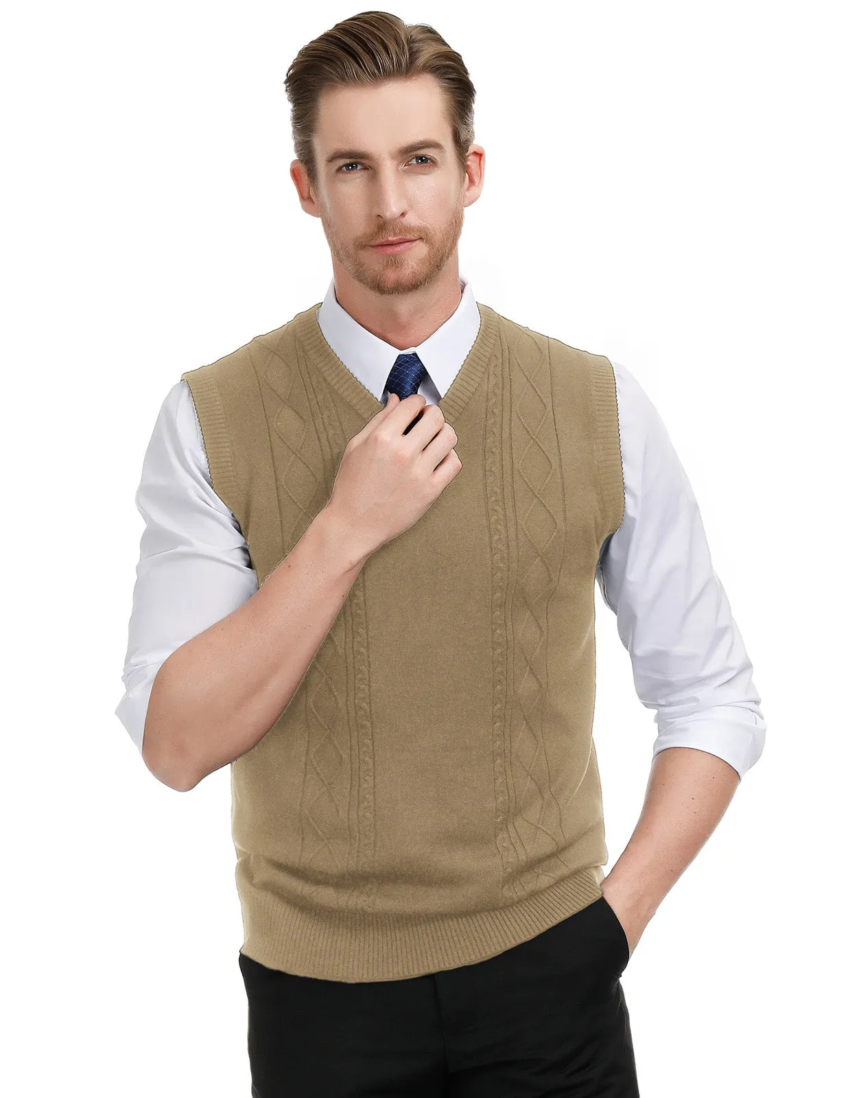 Men's V Neck Sweater Vest Cable Knitted Pullover Sweaters Vest