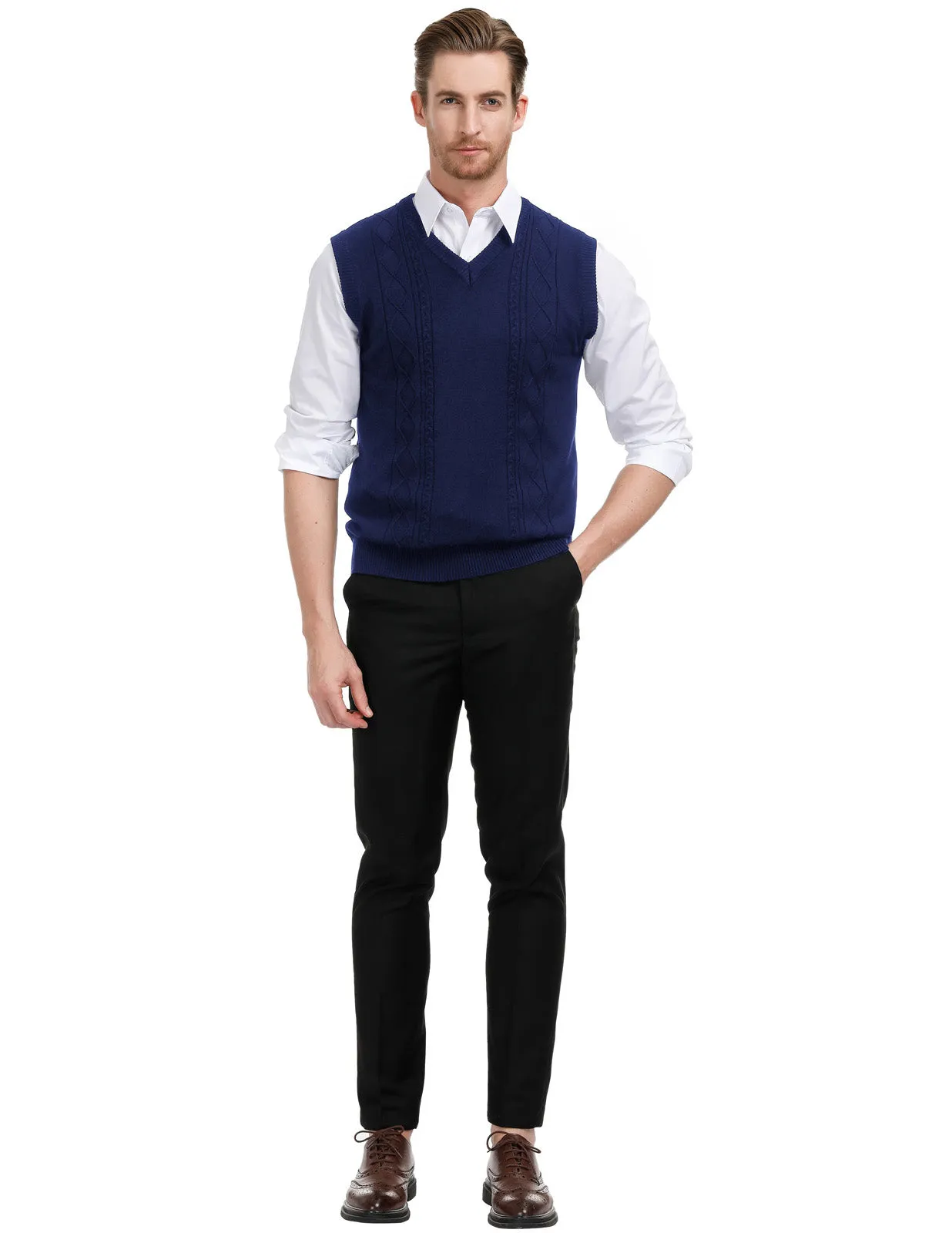 Men's V Neck Sweater Vest Cable Knitted Pullover Sweaters Vest