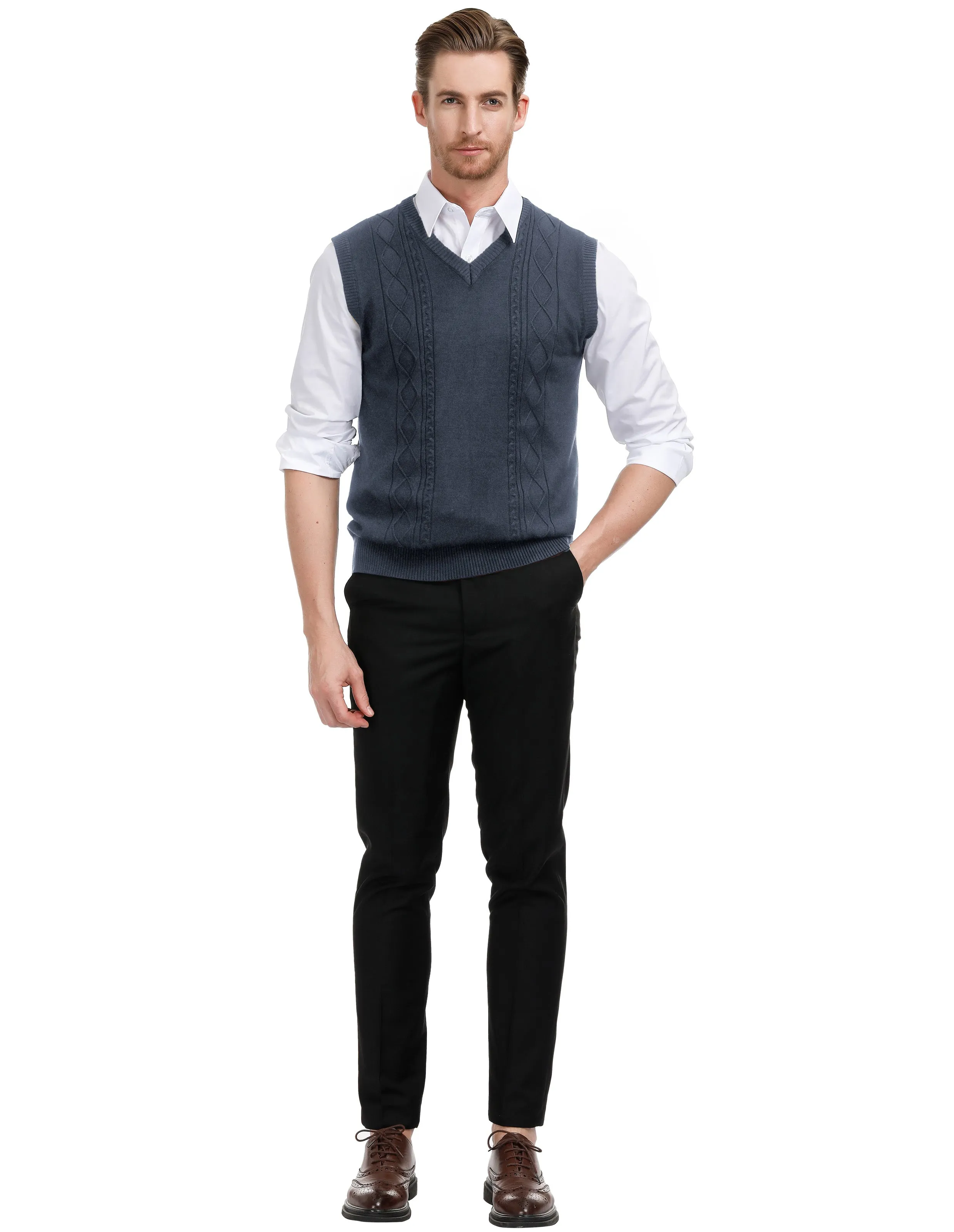 Men's V Neck Sweater Vest Cable Knitted Pullover Sweaters Vest