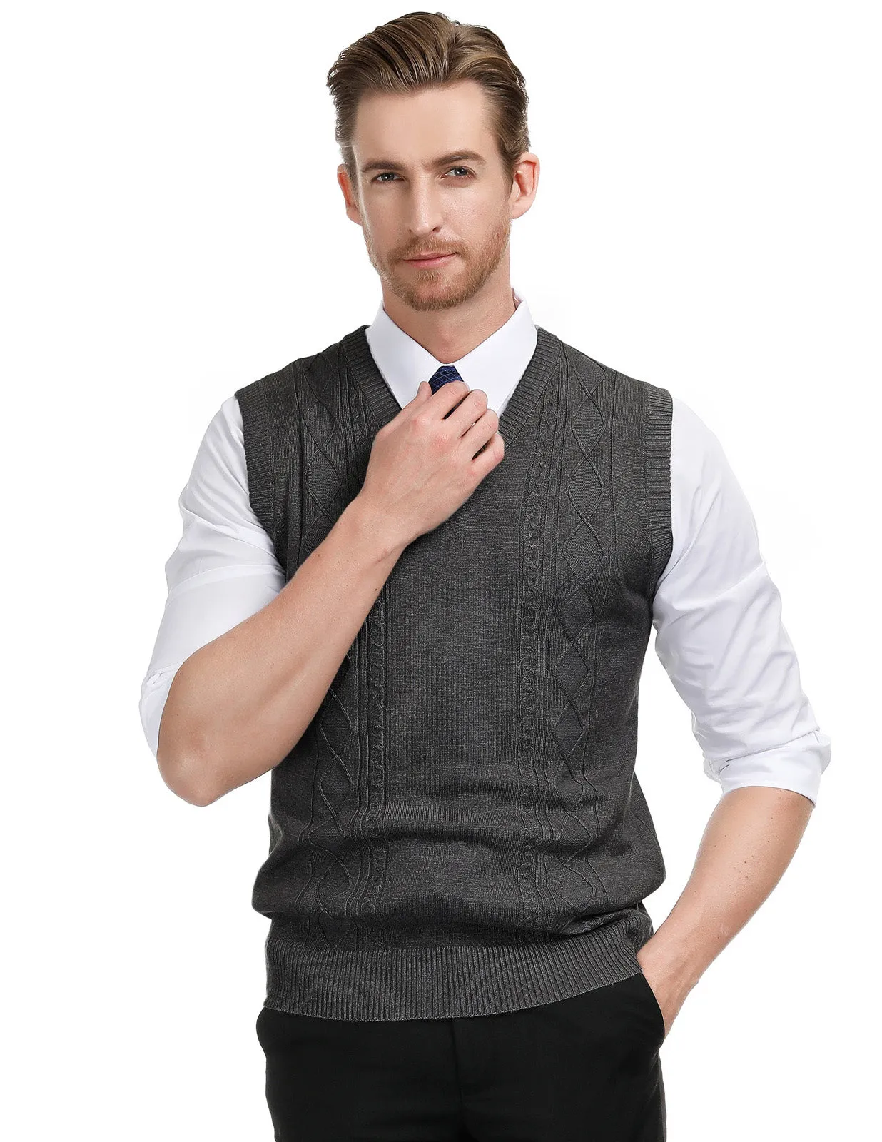 Men's V Neck Sweater Vest Cable Knitted Pullover Sweaters Vest