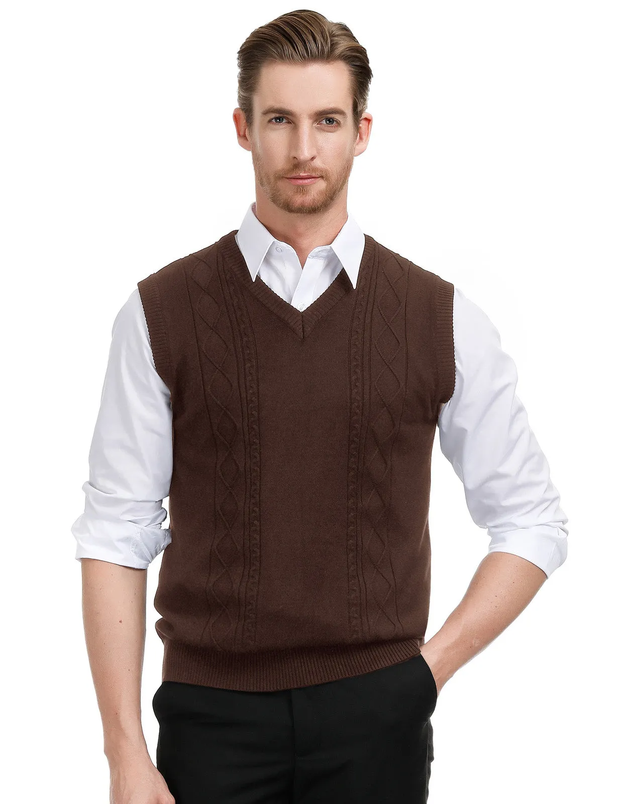 Men's V Neck Sweater Vest Cable Knitted Pullover Sweaters Vest