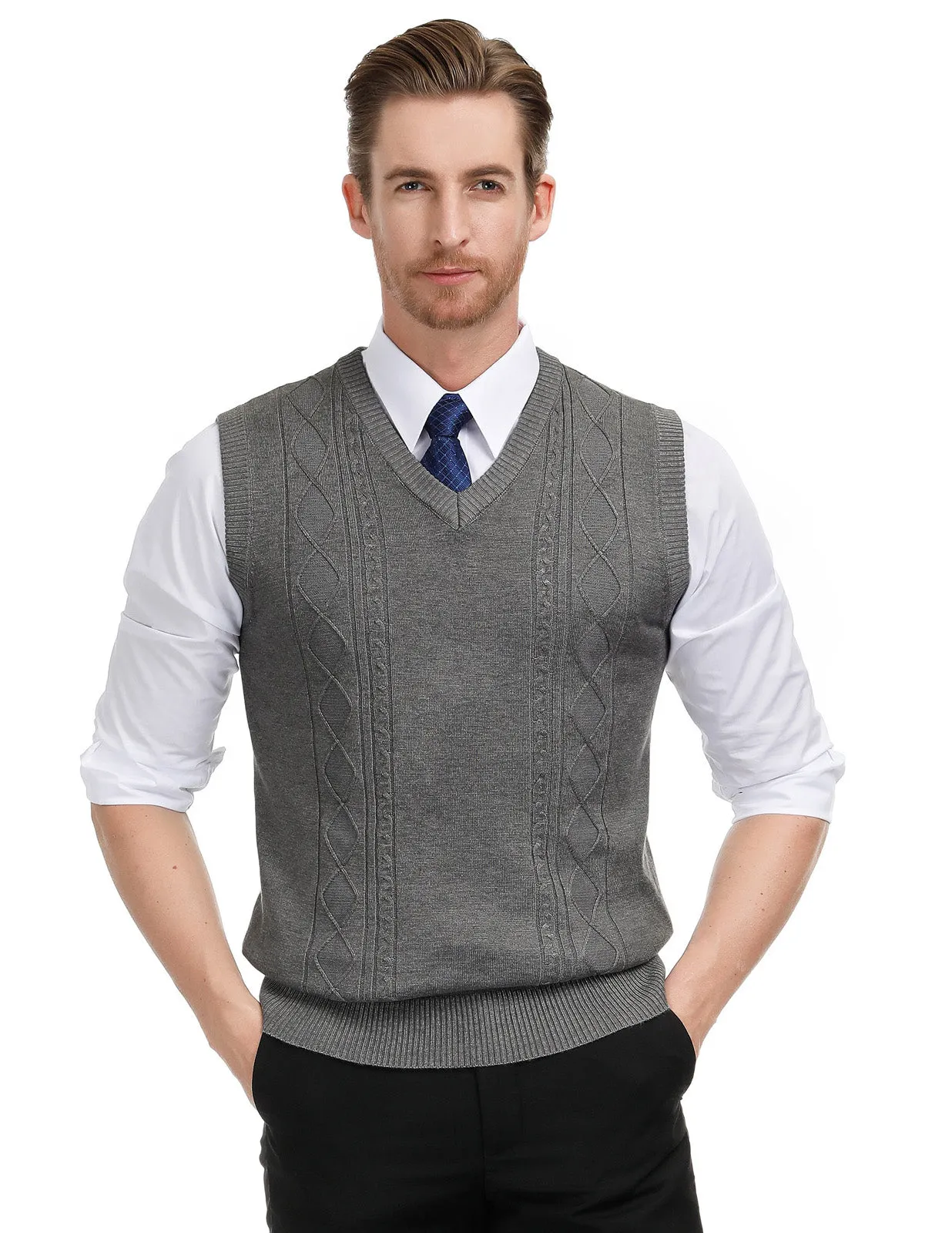 Men's V Neck Sweater Vest Cable Knitted Pullover Sweaters Vest