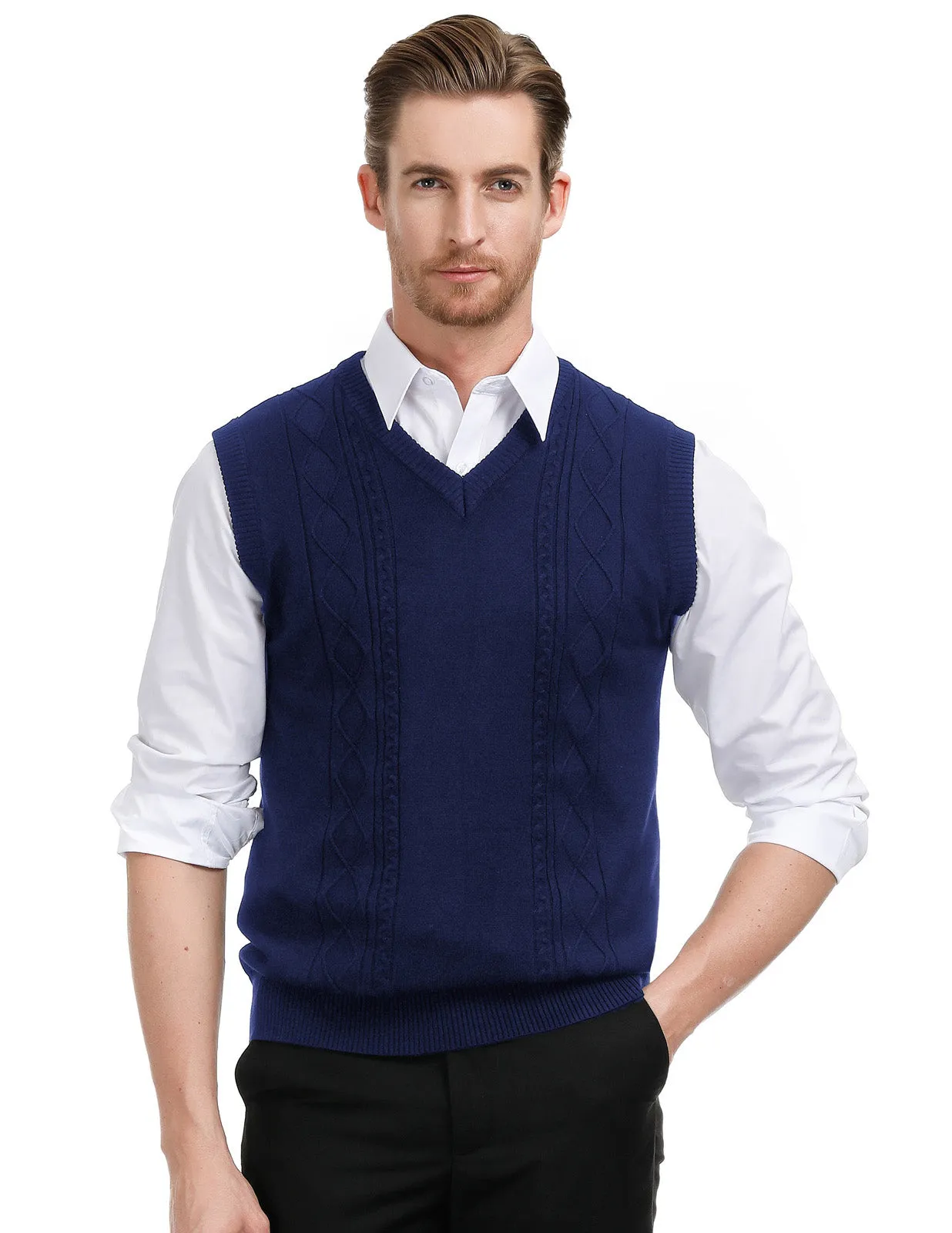 Men's V Neck Sweater Vest Cable Knitted Pullover Sweaters Vest