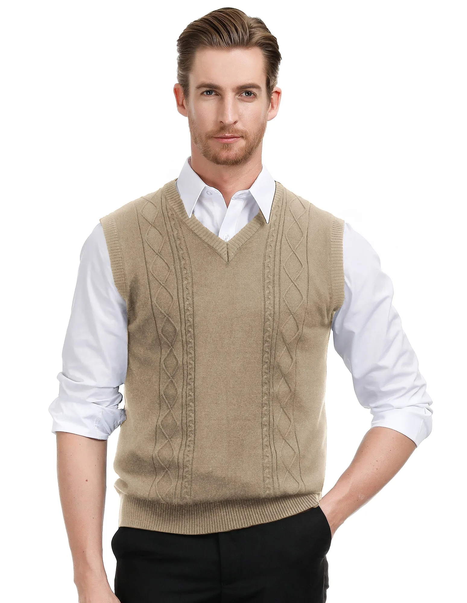 Men's V Neck Sweater Vest Cable Knitted Pullover Sweaters Vest