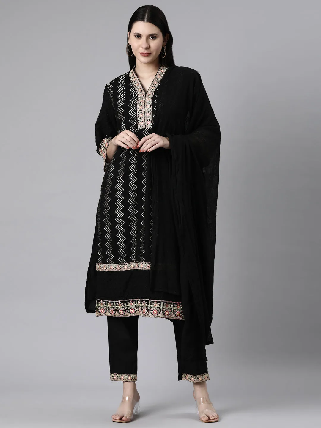 Neerus Black Casual Chevron Straight Kurta and Trousers With Dupatta