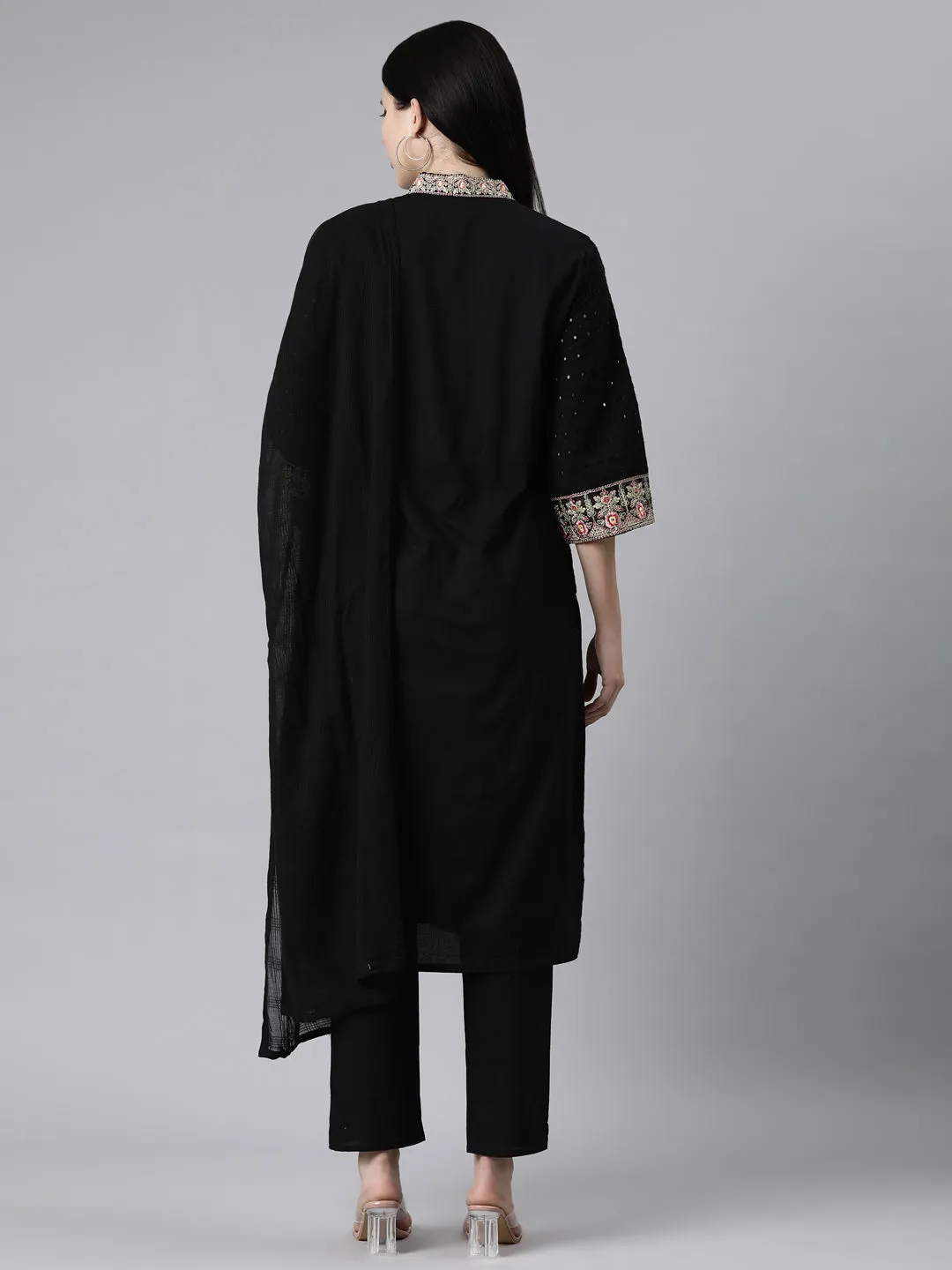 Neerus Black Casual Chevron Straight Kurta and Trousers With Dupatta