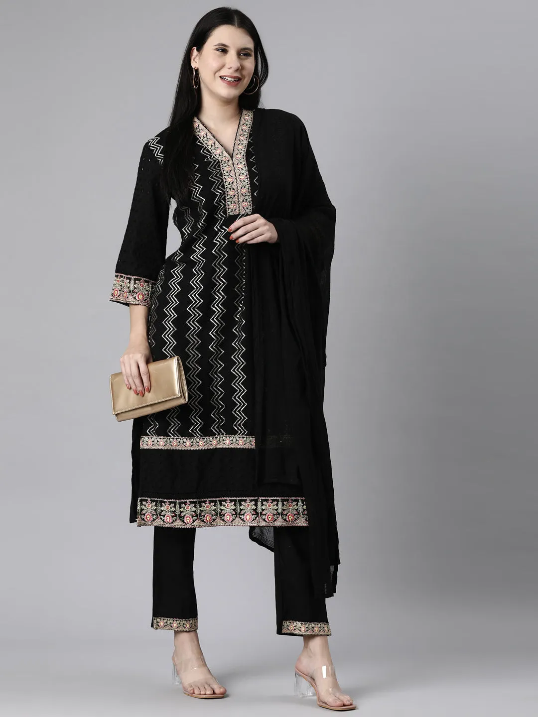 Neerus Black Casual Chevron Straight Kurta and Trousers With Dupatta