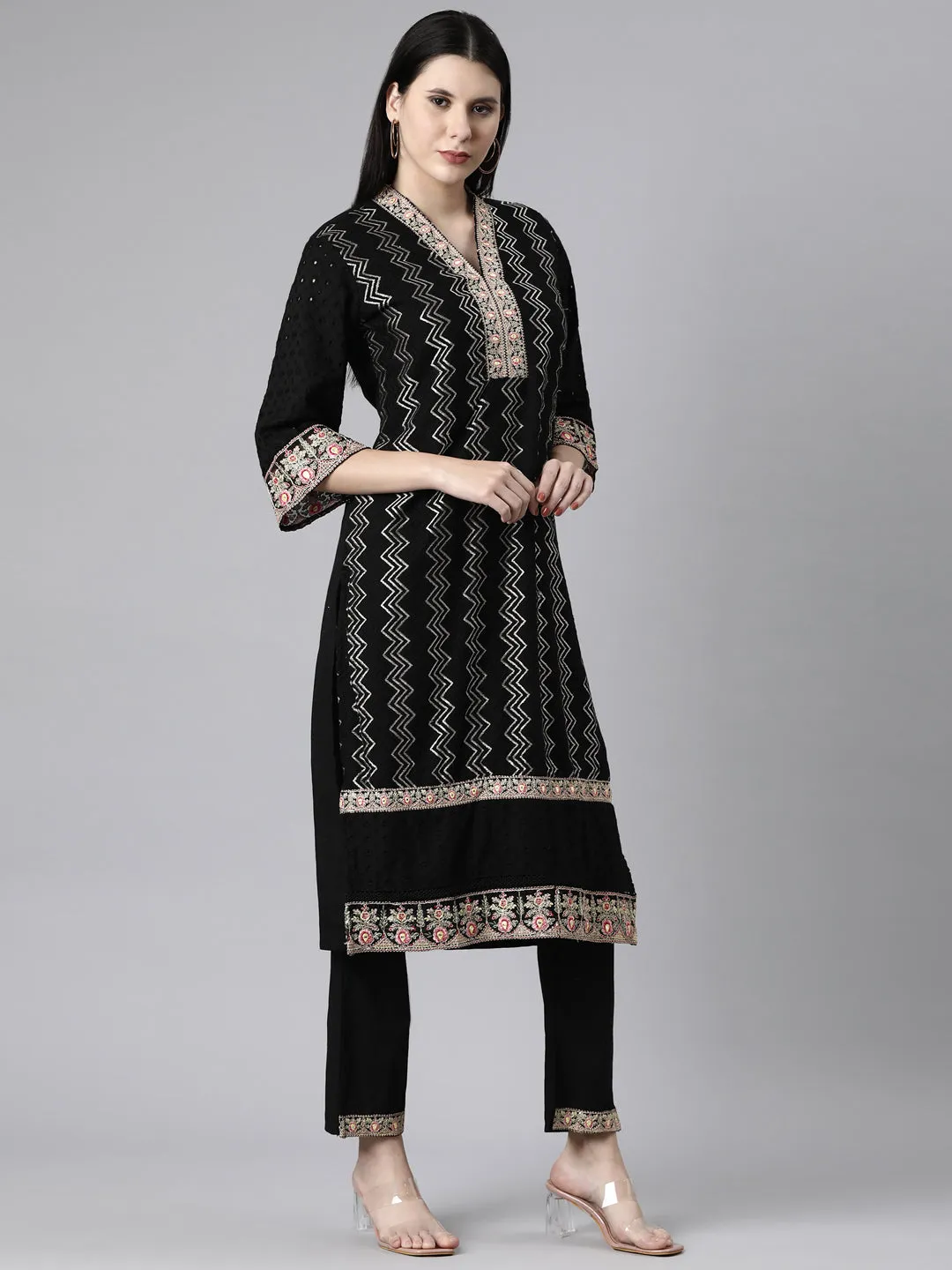 Neerus Black Casual Chevron Straight Kurta and Trousers With Dupatta