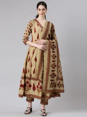 Neerus Women Beige Anarkali Kurta and Trousers With Dupatta