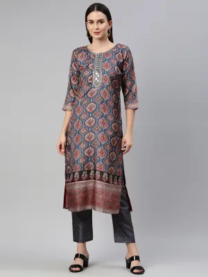 Neerus Women Blue Ethnic Motifs Printed Dupion Silk Kurta with Trousers