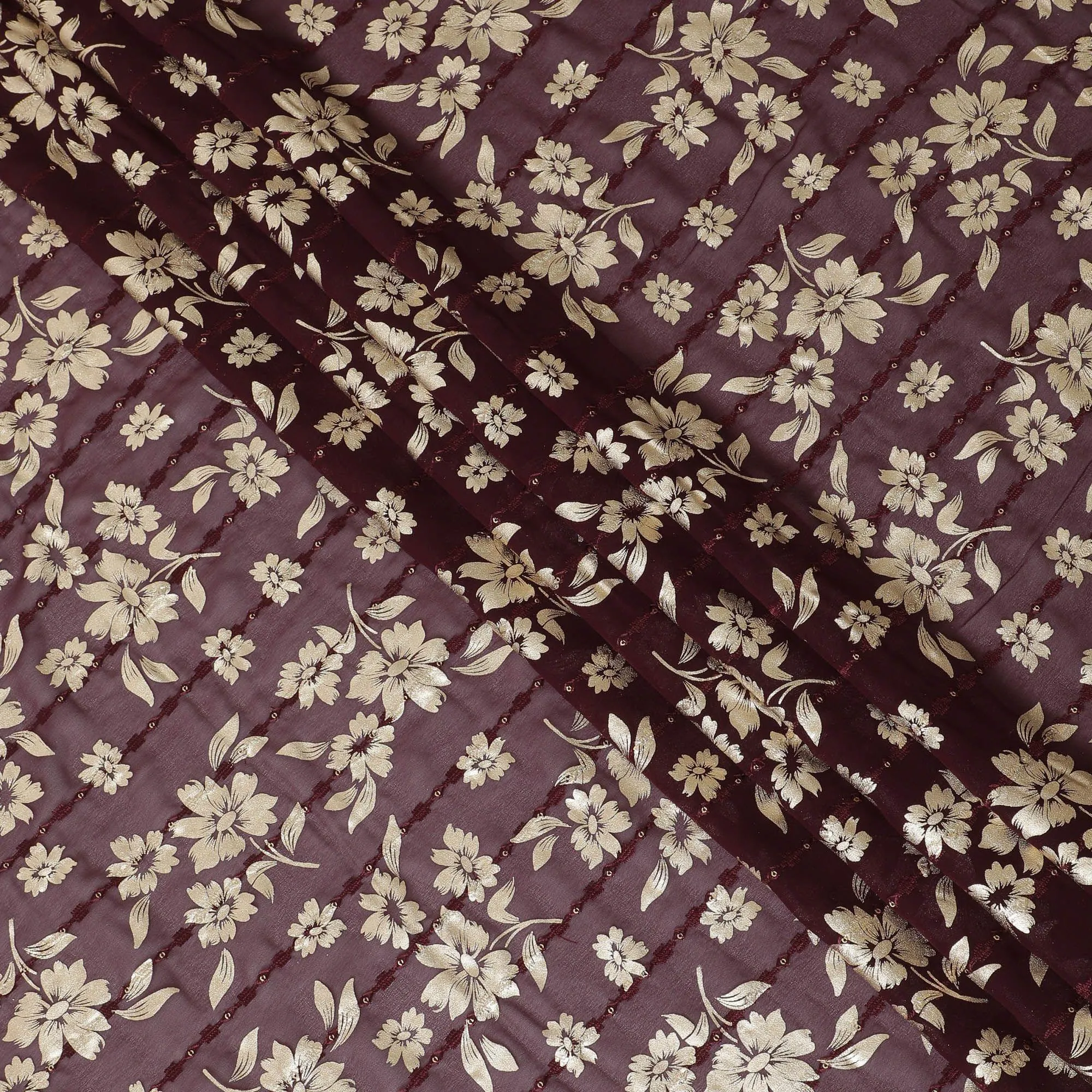 Plum  synthetic georgette fabric with same tone embroidery, gold sequins having gold foil print in floral design-D12233