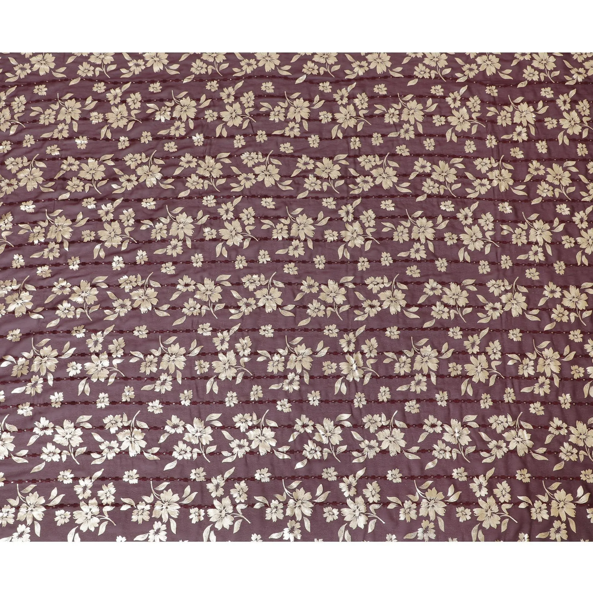 Plum  synthetic georgette fabric with same tone embroidery, gold sequins having gold foil print in floral design-D12233