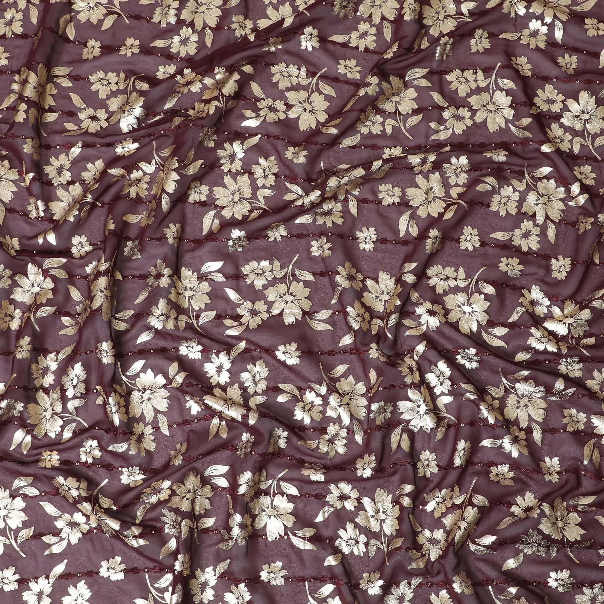 Plum  synthetic georgette fabric with same tone embroidery, gold sequins having gold foil print in floral design-D12233