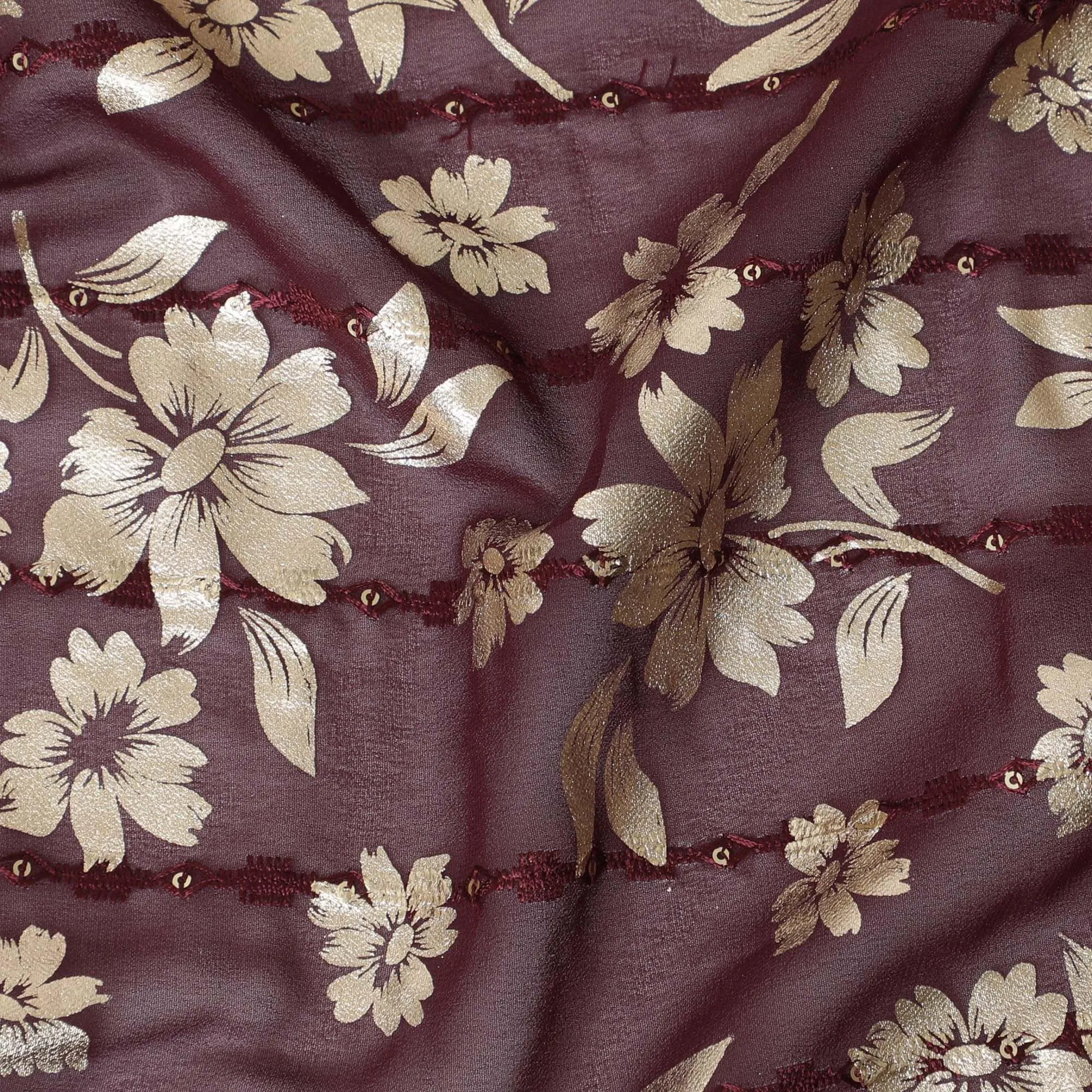 Plum  synthetic georgette fabric with same tone embroidery, gold sequins having gold foil print in floral design-D12233