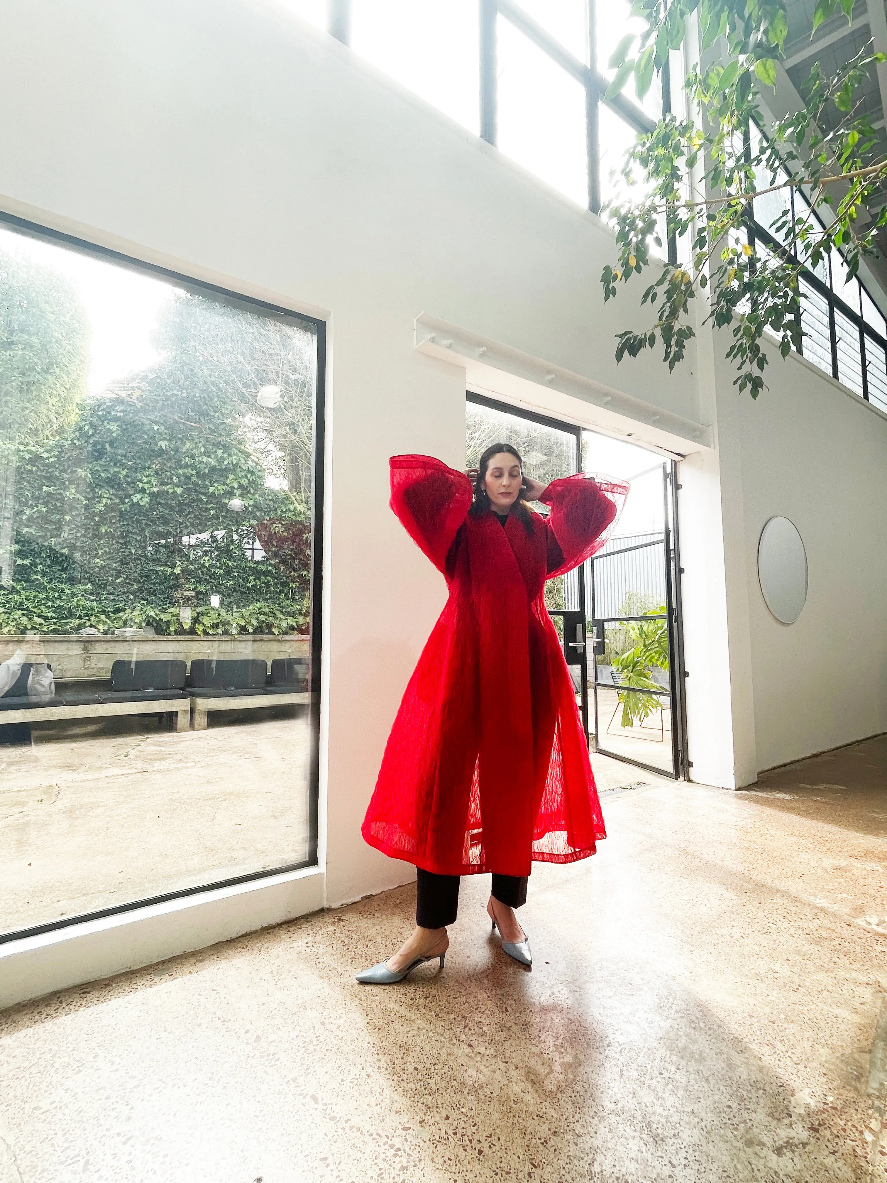 Quilted French Tulle Coat in Empress Red