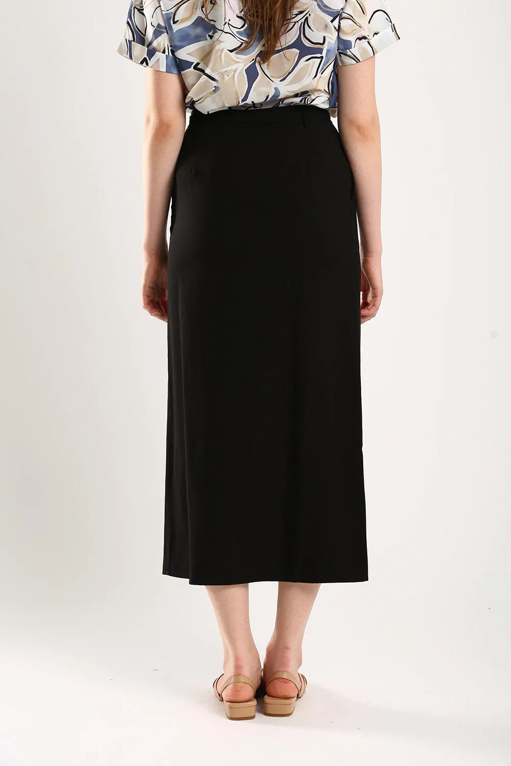 Riley Linen Midi Skirt with Sash Tie in Classic Black