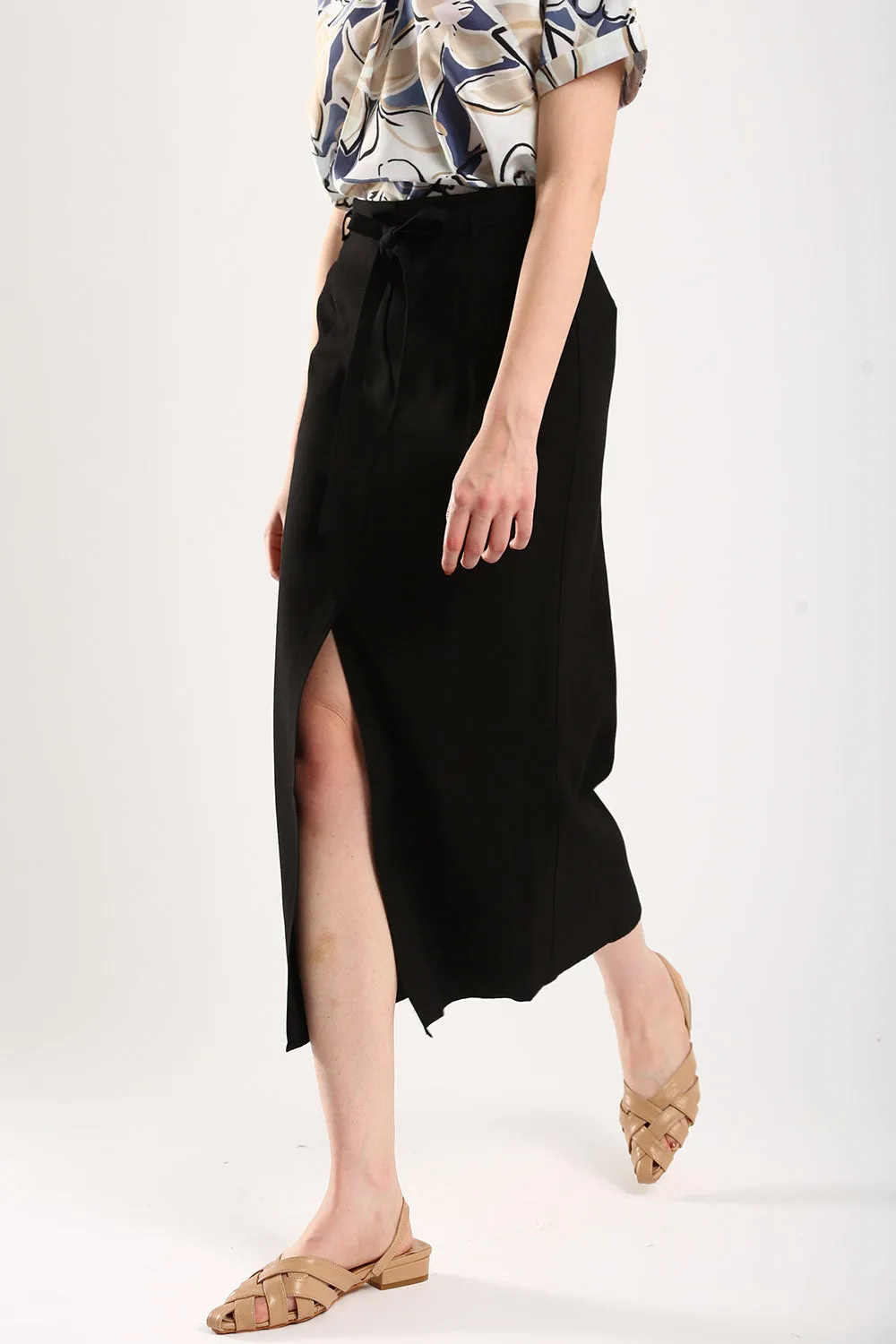 Riley Linen Midi Skirt with Sash Tie in Classic Black