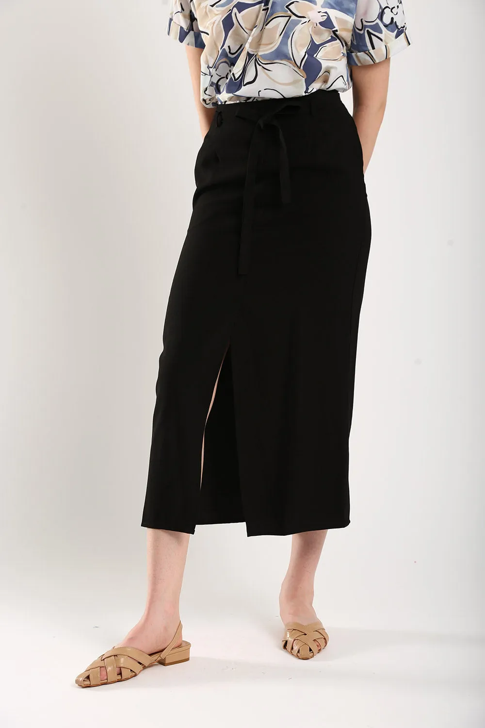 Riley Linen Midi Skirt with Sash Tie in Classic Black