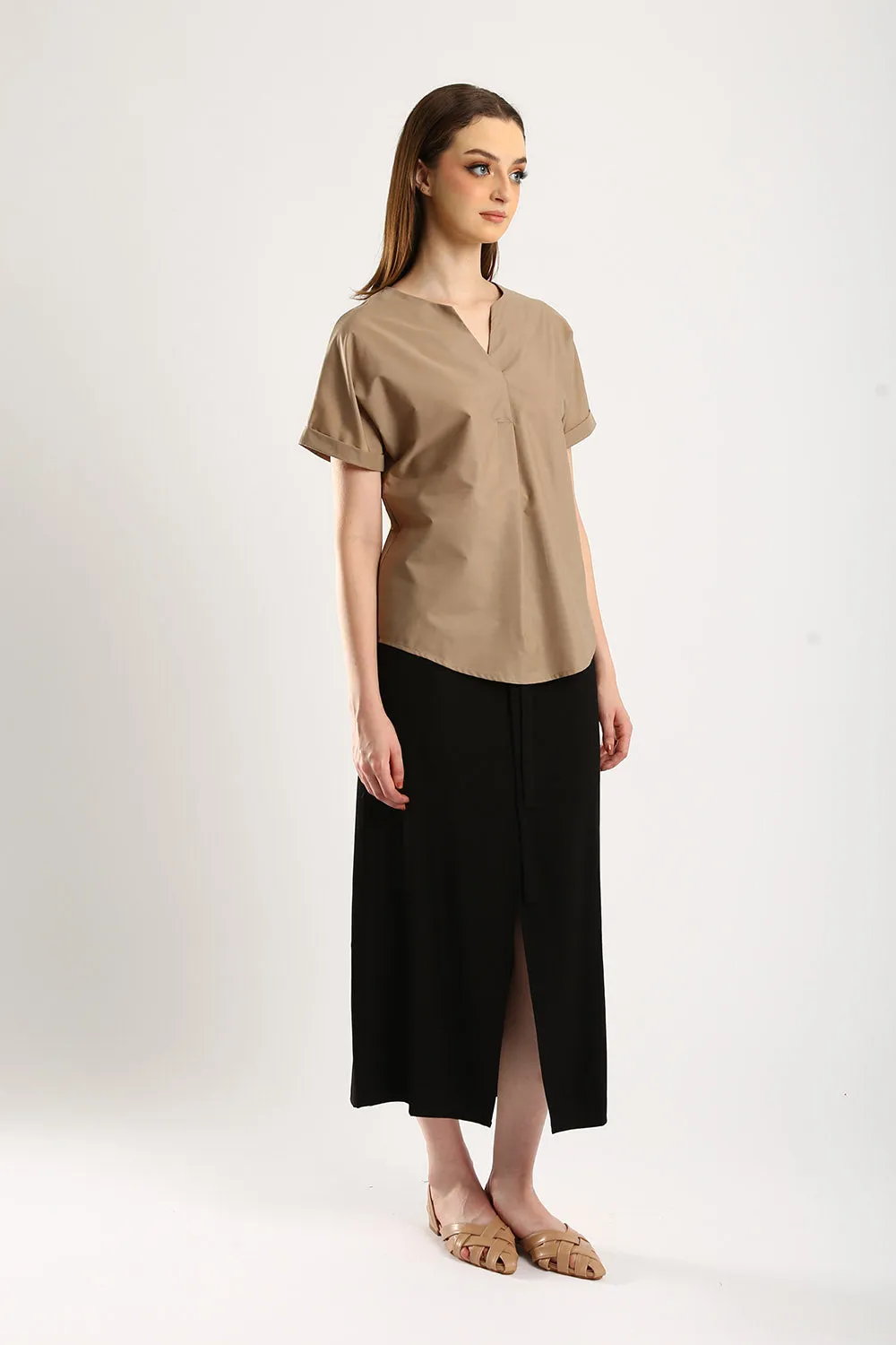 Riley Linen Midi Skirt with Sash Tie in Classic Black