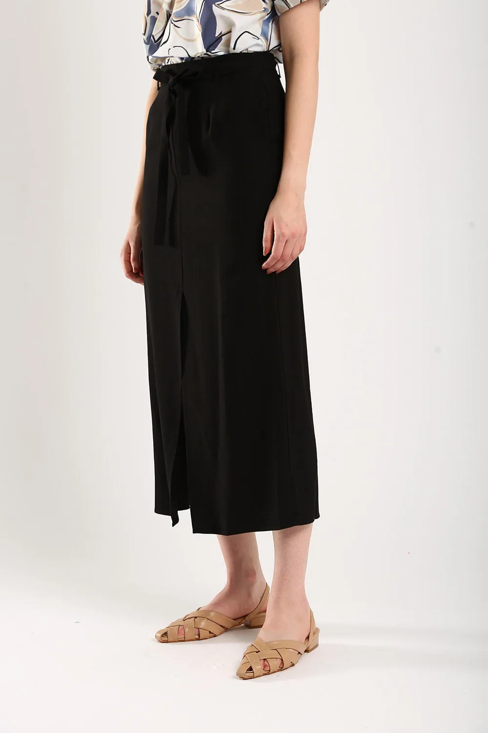 Riley Linen Midi Skirt with Sash Tie in Classic Black