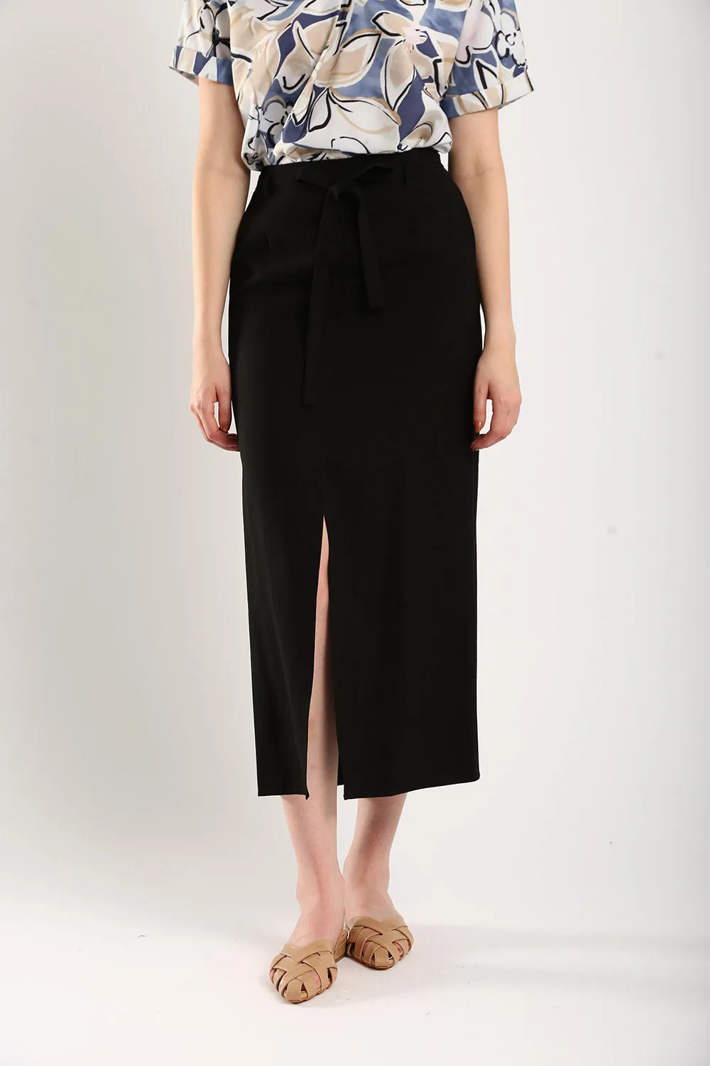 Riley Linen Midi Skirt with Sash Tie in Classic Black