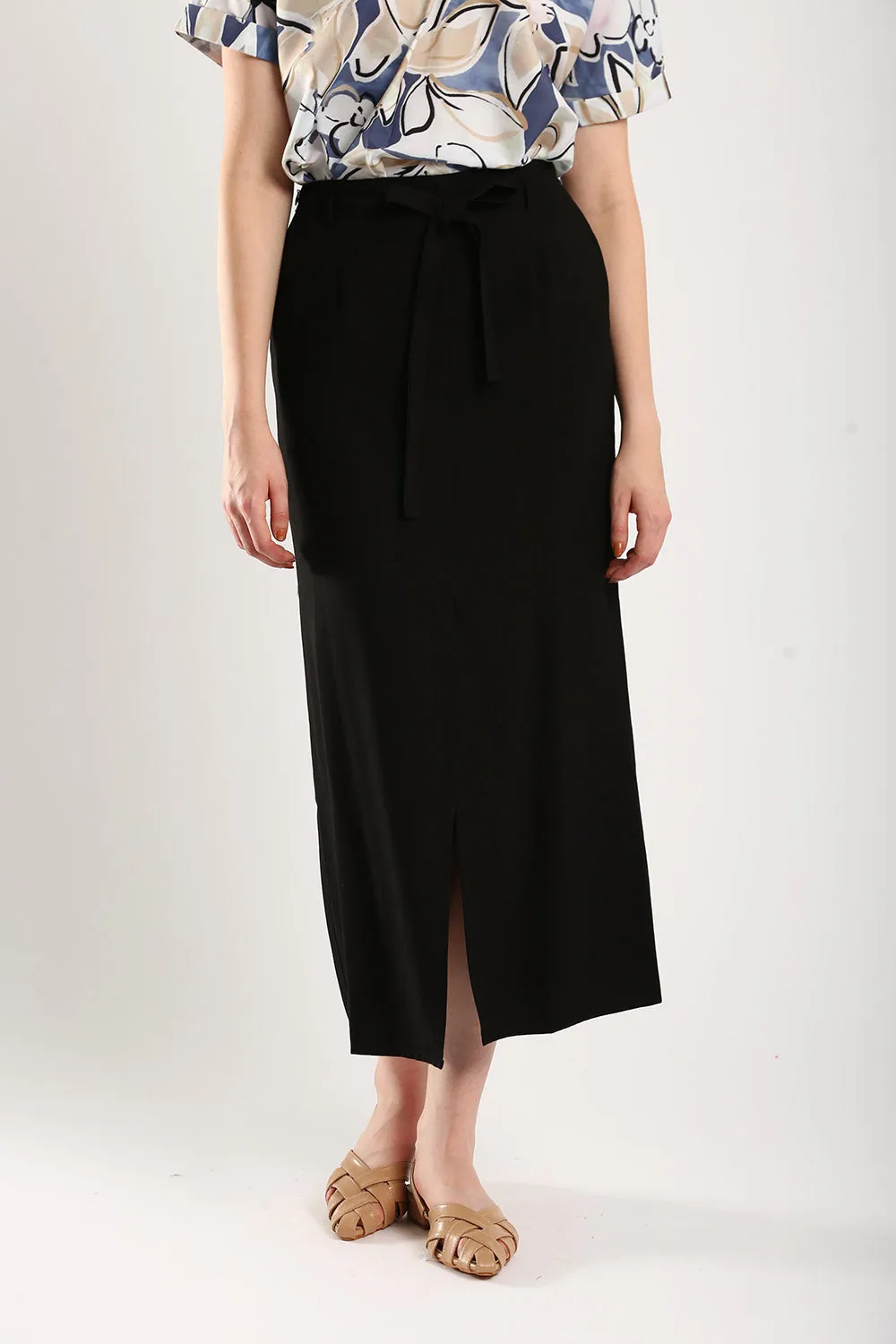 Riley Linen Midi Skirt with Sash Tie in Classic Black