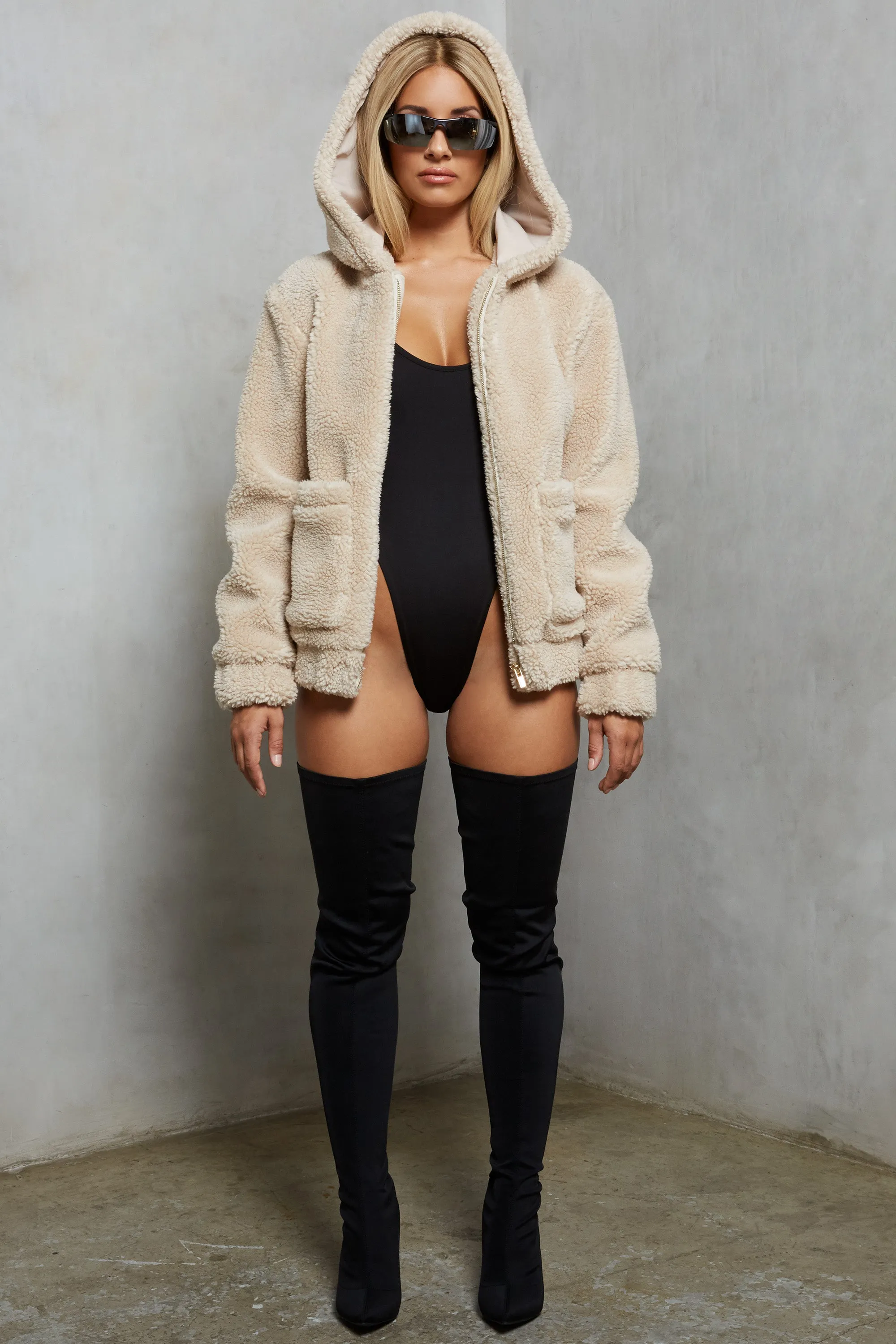 Shearling Hooded Faux Fur Teddy Jacket in Beige