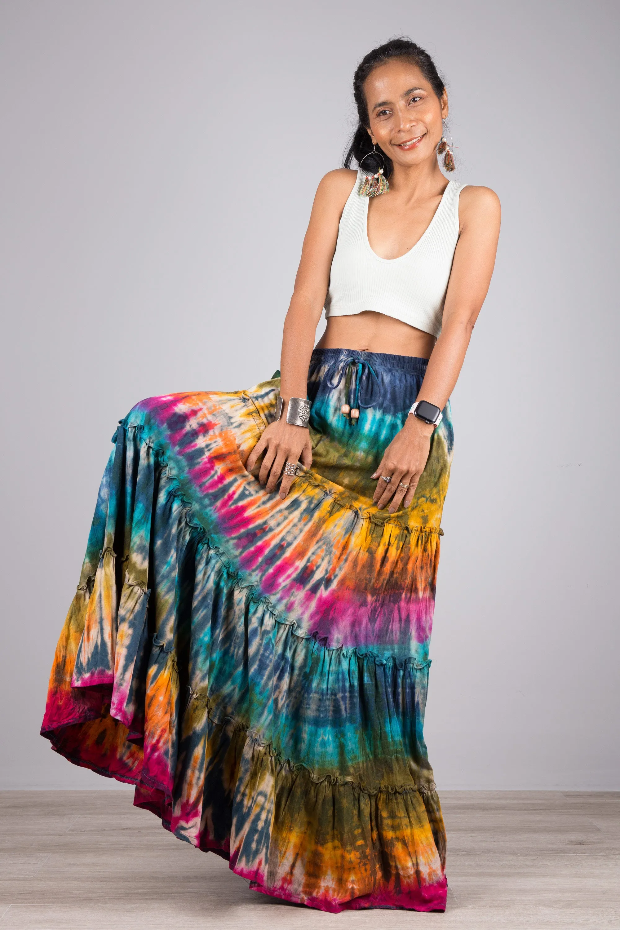 Tie dye skirt | Tiered maxi skirt | Rainbow swirl skirt